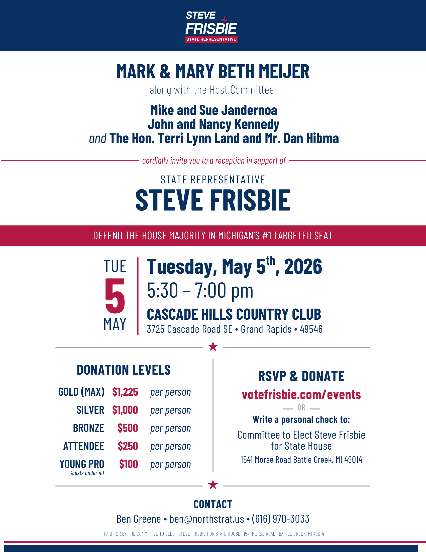 Fundraiser invitation for Steve Frisbie — Defend the House Majority, May 5, 2026 at Cascade Hills Country Club